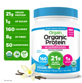 Orgain Organic Vegan 21g Protein + 50 Superfoods Powder, Plant Based Shake Drink, Vanilla Bean 1.12lb