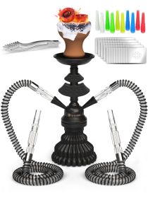 Hookah Set 2 Hose Hookah LilOne 12” Black Mini Hookah 2 Hose Hookah Set with 50x Foil Hookah Bowl 10x Tips 2x Mouthpiece 2x Hookah Hose Tongs Portable