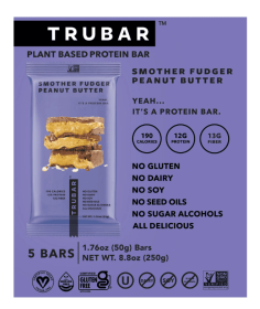 TRUBAR Protein Bar, Smother Fudger Peanut Butter, Plant Based Protein, Vegan, Gluten Free, Kosher, 5 Count