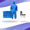 Disposable Coveralls with Hood, XX-Large Size. Pack of 5 Blue Hazmat Suits with Front Zip